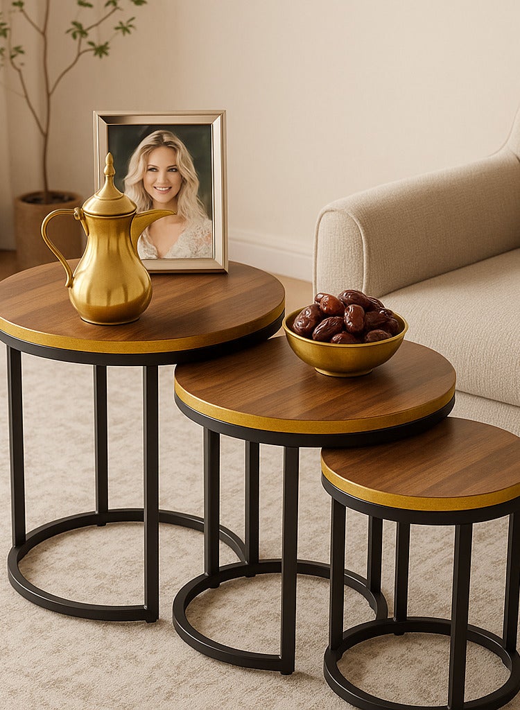 SHEE ONE 3-Piece Round Wooden Table Set | Side Table, Coffee Table, Guest Table & Decorative Accent | Sizes: 50×50 cm, 45×45 cm, 40×40 cm - Image 1