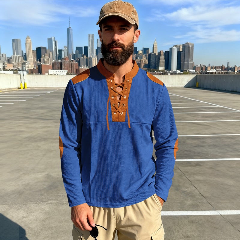Cross-Border Spring & Fall Men''s Casual Medieval Style Eastern Pirate Viking Lace-Up Leader Long-Sleeved T-Shirt - Image 4