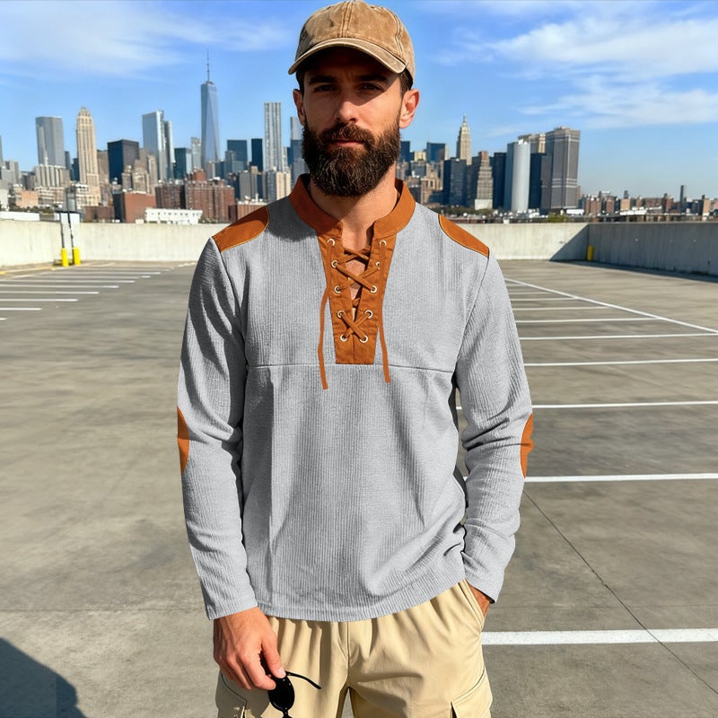 Cross-Border Spring & Fall Men''s Casual Medieval Style Eastern Pirate Viking Lace-Up Leader Long-Sleeved T-Shirt - Image 5