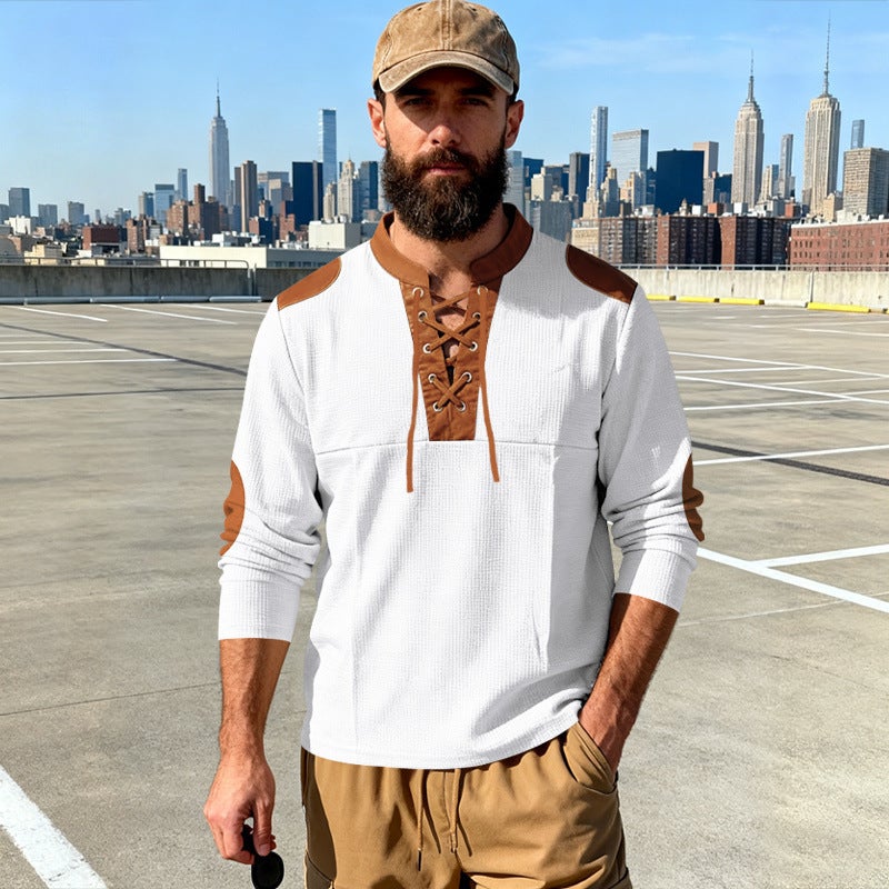 Cross-Border Spring & Fall Men''s Casual Medieval Style Eastern Pirate Viking Lace-Up Leader Long-Sleeved T-Shirt - Image 1