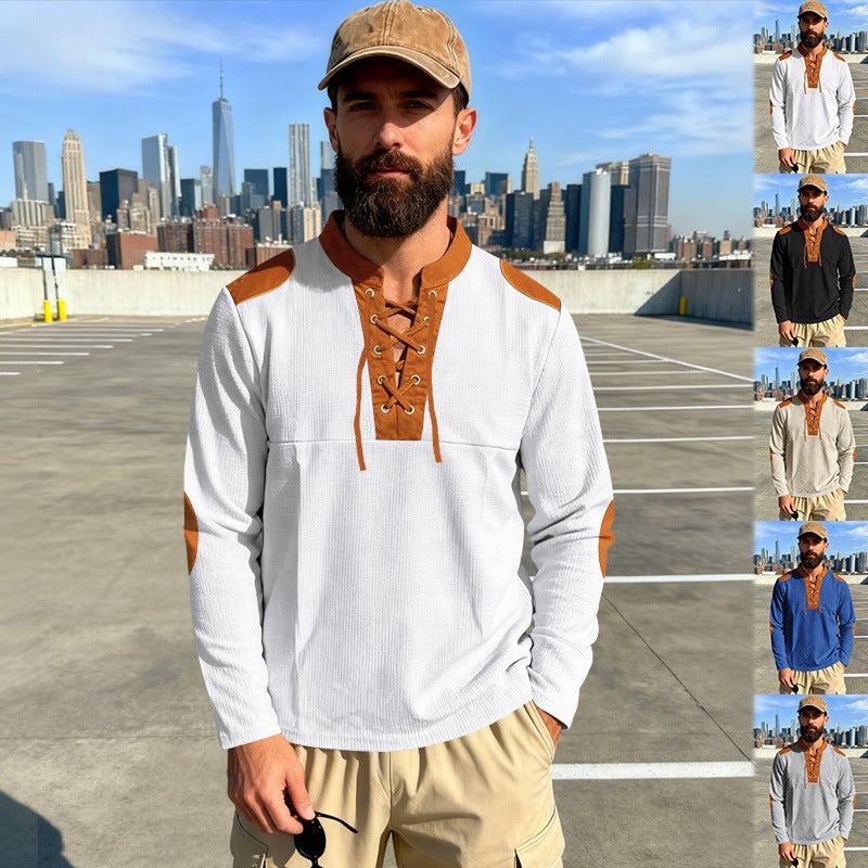 Cross-Border Spring & Fall Men''s Casual Medieval Style Eastern Pirate Viking Lace-Up Leader Long-Sleeved T-Shirt - Image 2