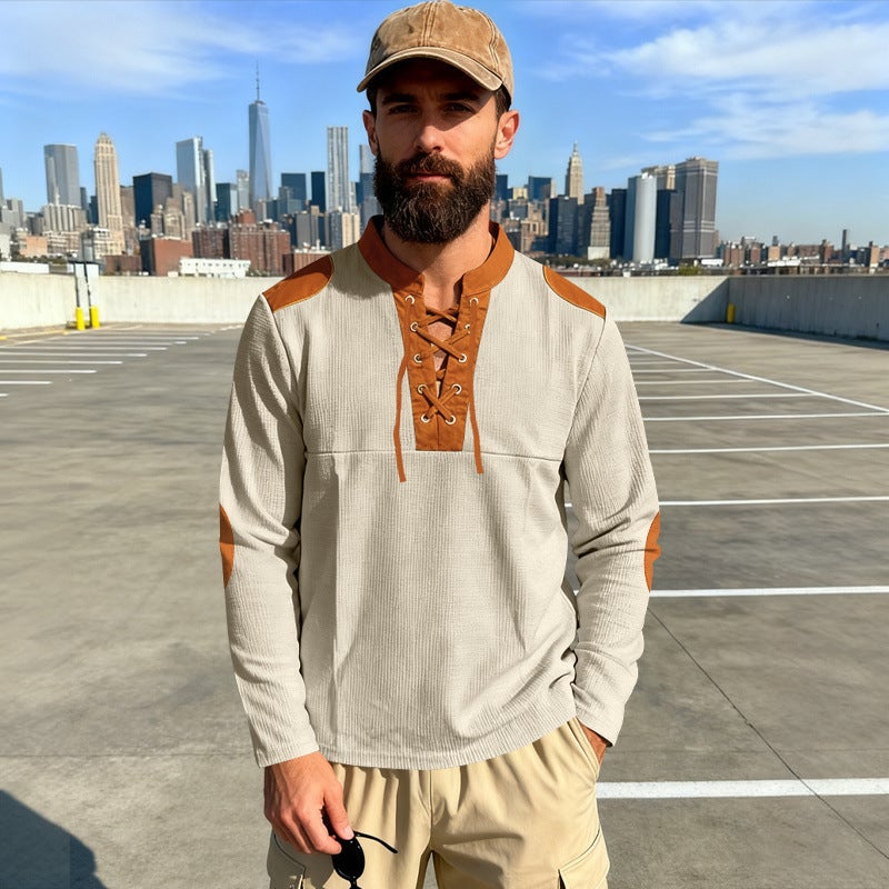Cross-Border Spring & Fall Men''s Casual Medieval Style Eastern Pirate Viking Lace-Up Leader Long-Sleeved T-Shirt - Image 3