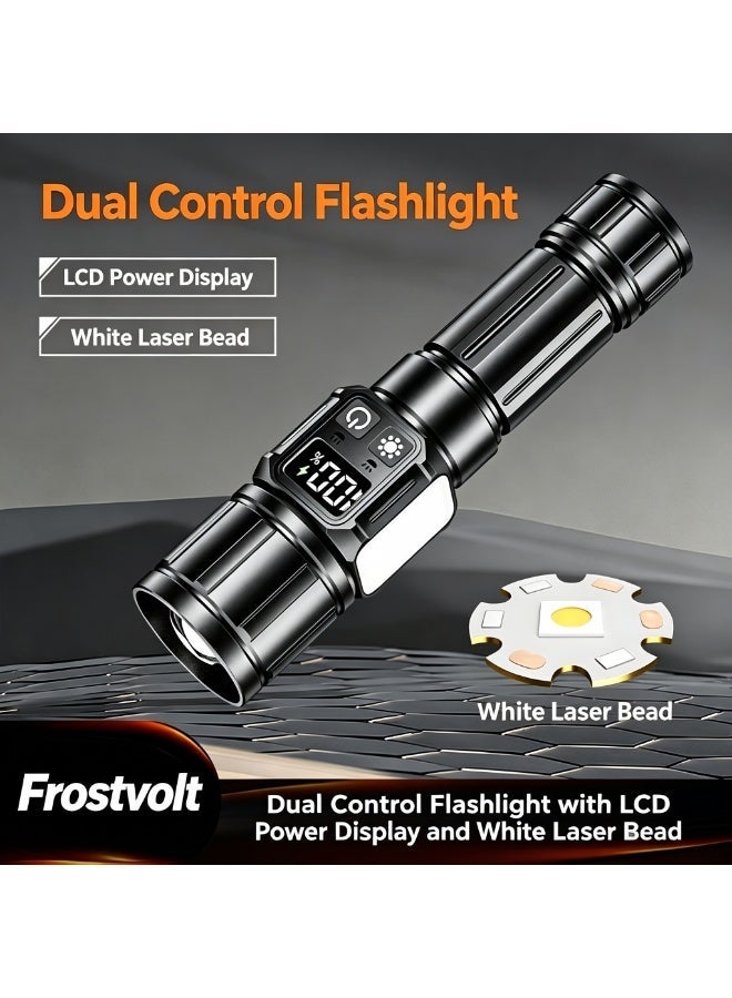برق الثلج مصباح يدوي LED قابل لإعادة الشحن من Frostvolt بقوة 30 واط وسطوع عالٍ – كشاف بمدى يصل إلى 1500 متر مع خاصية التكبير (الزوم) و9 أوضاع للإضاءة، ومزود بضوء جانبي COB وقاعدة مغناطيسية؛ مقاوم للماء والصدمات ومثالي للتخييم والمشي لمسافات طويلة وحالات الطوارئ. - Image 1
