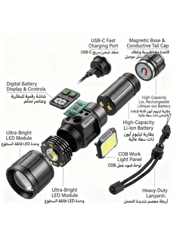 برق الثلج مصباح يدوي LED قابل لإعادة الشحن من Frostvolt بقوة 30 واط وسطوع عالٍ – كشاف بمدى يصل إلى 1500 متر مع خاصية التكبير (الزوم) و9 أوضاع للإضاءة، ومزود بضوء جانبي COB وقاعدة مغناطيسية؛ مقاوم للماء والصدمات ومثالي للتخييم والمشي لمسافات طويلة وحالات الطوارئ. - Image 5