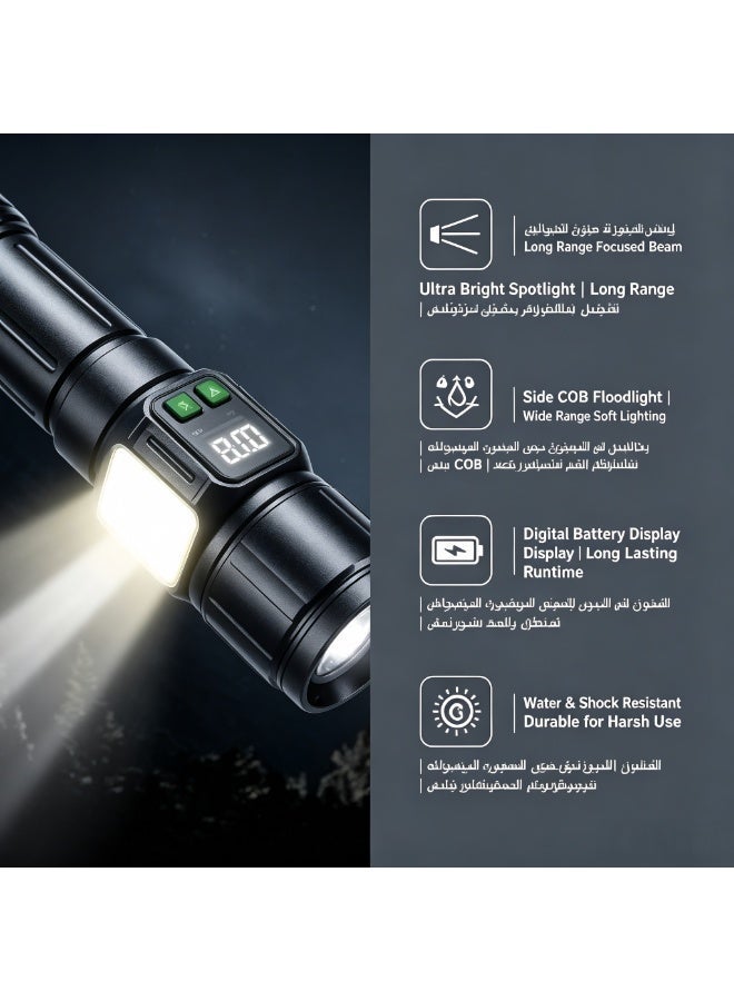 برق الثلج مصباح يدوي LED قابل لإعادة الشحن من Frostvolt بقوة 30 واط وسطوع عالٍ – كشاف بمدى يصل إلى 1500 متر مع خاصية التكبير (الزوم) و9 أوضاع للإضاءة، ومزود بضوء جانبي COB وقاعدة مغناطيسية؛ مقاوم للماء والصدمات ومثالي للتخييم والمشي لمسافات طويلة وحالات الطوارئ. - Image 4