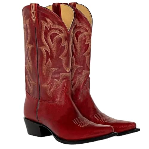 LISHAN Women's Western Boots Cowboy Cowgirl Boots Pull On Embroidered Chunky Block Heel Comfortable Mid Calf Under the Knee High PU Boots Small Square Toe Country Western Party Shoes Red Size 8 - Image 1