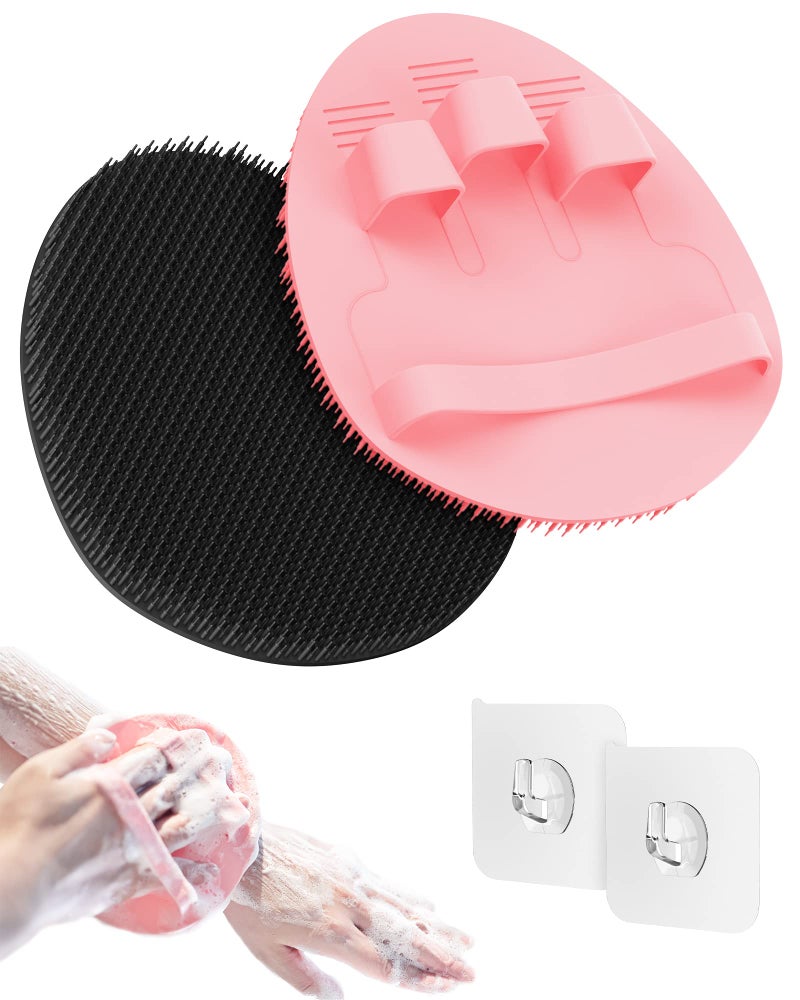 Manmihealth Soft Silicone Shower Brush, Super-Lathering and Deep-Cleaning Body & Face Scrubber, Gentle Exfoliating Bath Glove for All Skin Types, with 2 Free Hooks.(Black + Pink) - Image 1