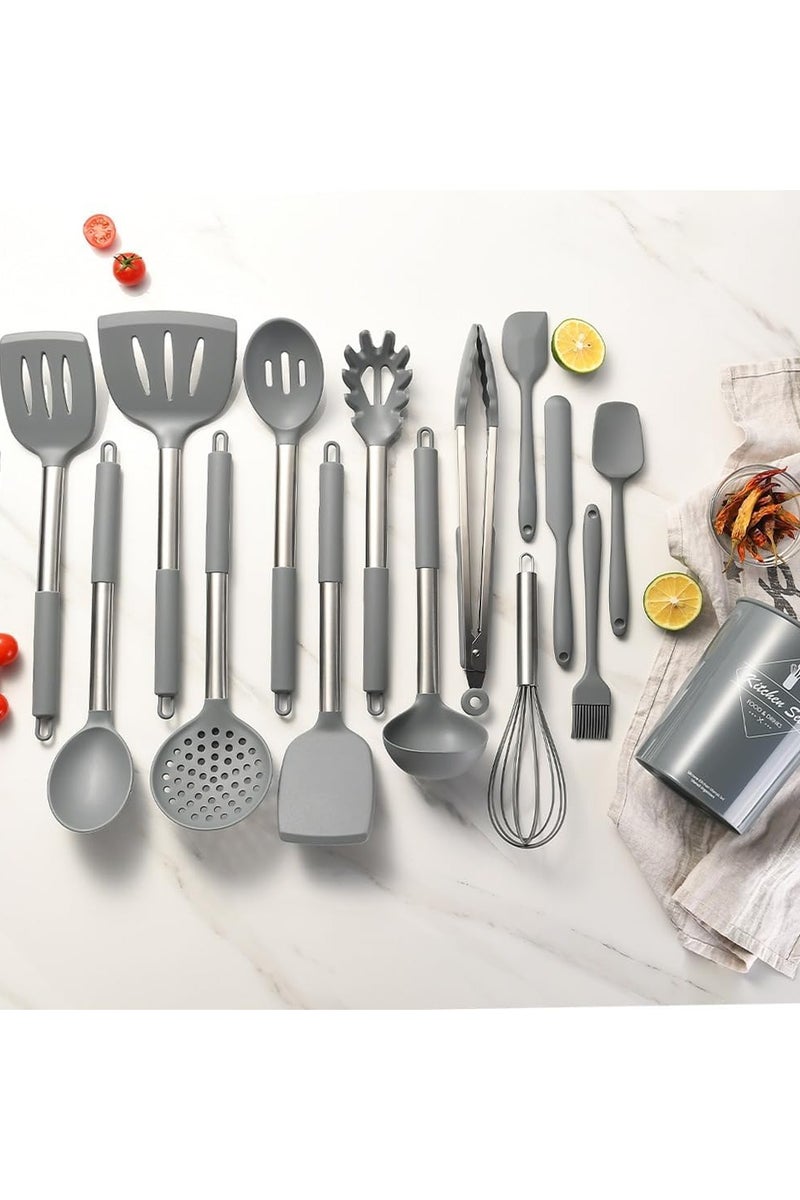 Arahome 15-Piece Stainless Steel Handle Silicone Kitchen Utensil Set - Food Grade Non-Stick Cooking Spatula, Spoon & Baking Tools - Heat Resistant for Home Use(Grey) - Image 1