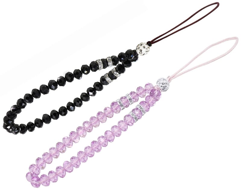 zdyCGTime Cell Phone Lanyard Strap Bling Crystal Beads Hand Wrist Lanyard Strap String for Cell Phone Camera Purse MP3 MP4 iPod PSP Keychain (2 Packs)(17cmBlack&Purple) - Image 1