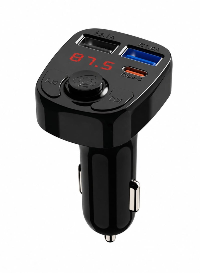 608 Fast Car Charger Dual USB and Type C Port with Digital Display Hands Free Calling and Navigation Broadcast 3.1A Black