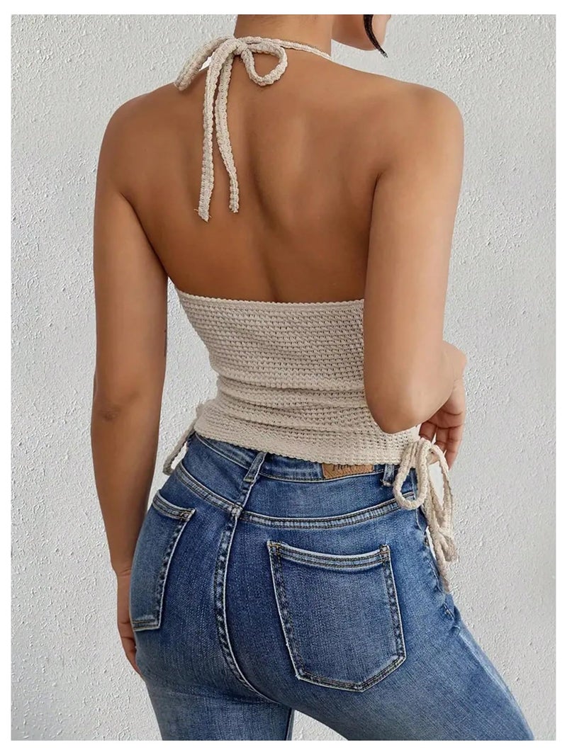 OYOANGLE Women's Tie Back Knitted Halter Tops Metal Strap Ruched Crochet Y2k Cami Tops Sleeveless Summer Going Out Tops Apricot Medium - Image 2