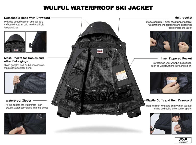 WULFUL Men's Waterproof Ski Jacket Warm Winter Snow Coat Mountain Windbreaker - Image 5