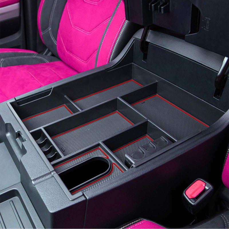 JKCOVER Compatible with Center Console Organizer Tray Toyota Tundra 2014 2015 2016 2017 2018 2019 2020 2021 Tundra AccessoriesInsert ABS Black Materials Armrest Box Secondary Storage RED Trim