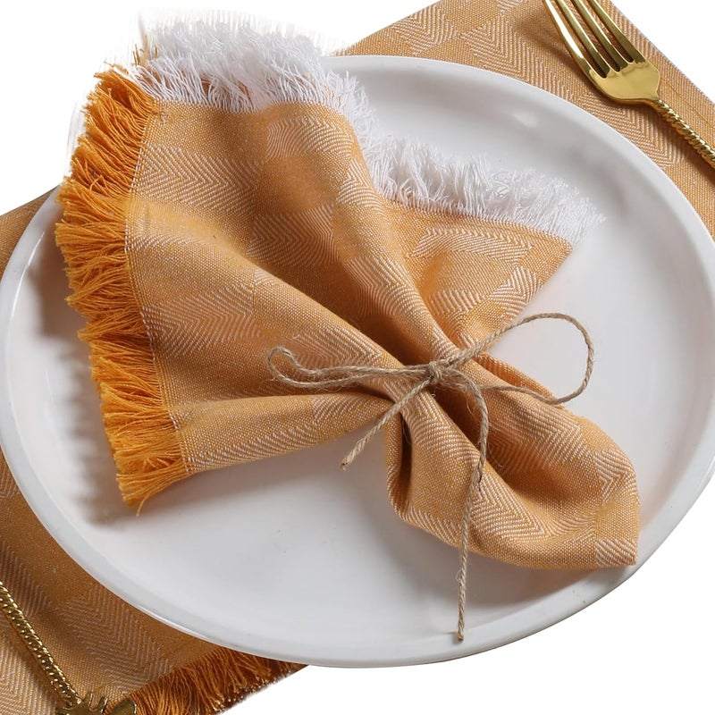 Native Fab 100 Cotton Handmade Fringe Cloth Napkins 16x16 Herringbone Weave Square Napkins Resuable Table Linen Napkins for Dinner Cocktail Holiday Wedding  Mustard Yellow - Image 1