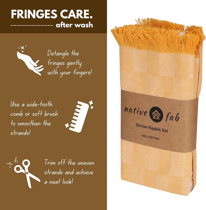 Native Fab 100 Cotton Handmade Fringe Cloth Napkins 16x16 Herringbone Weave Square Napkins Resuable Table Linen Napkins for Dinner Cocktail Holiday Wedding  Mustard Yellow - Image 5