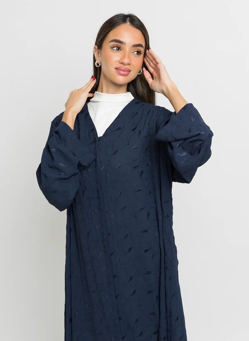 Kaafmeem Navy Leaves Galaxy A-Cut Abaya