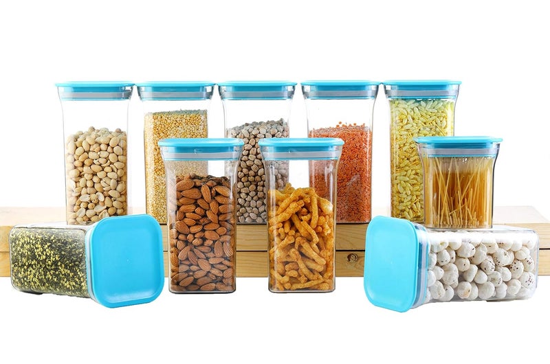 MACHAK Plastic Unbreakable Air Tight Kitchen Storage Container Set BPAFree Stackable Modular 1100 Ml 10 Pieces Blue Lid - Image 3