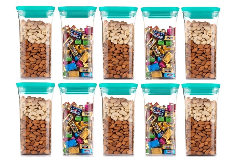 MACHAK Plastic Unbreakable Air Tight Kitchen Storage Container Set BPAFree Stackable Modular 1100 Ml 10 Pieces Blue Lid - Image 1