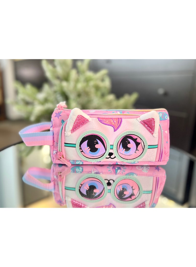 Five dream house Cute Cat 3D Laser Pencil Case 420D+PU Double Layer Large Capacity Student Pencil Bag 19 Colors Available - Image 1