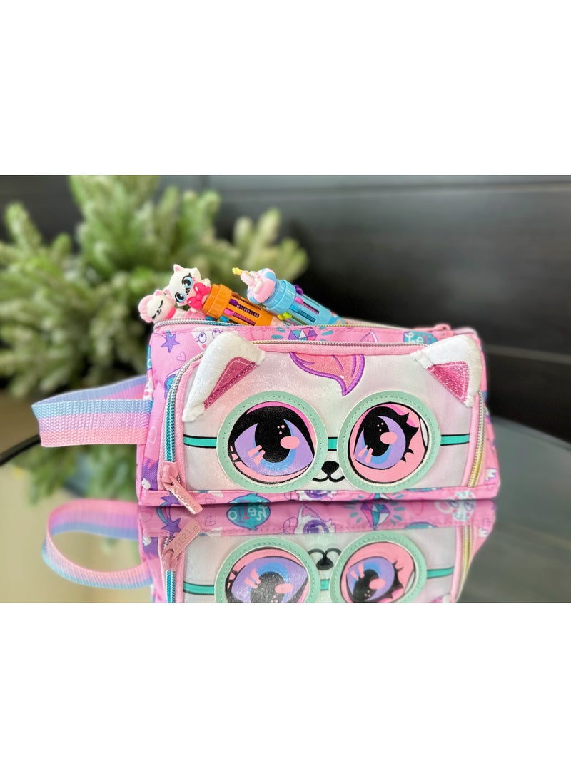 Five dream house Cute Cat 3D Laser Pencil Case 420D+PU Double Layer Large Capacity Student Pencil Bag 19 Colors Available - Image 4