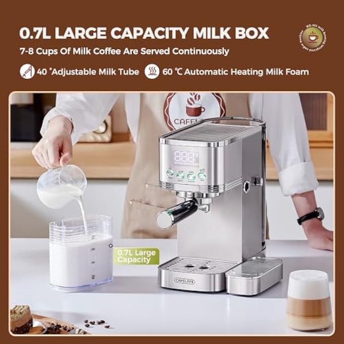 Cafelffe Mk801 20 Bar Espresso Machine  Coffee Maker With Auto Milk Frothing FrotherOne Button For Cappuccino  Latte  EspressoDual Boiler With Pid Temp ControlSelfCleaningStainless Steel - Image 5