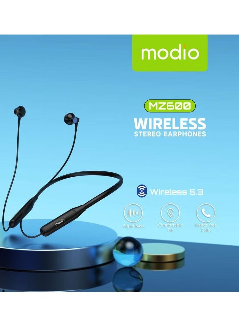 سماعات موديو MZ600 اللاسلكية بتقنية ستيريو مع حزام عنق - بلوتوث 5.3، صوت جهير قوي، عمر بطارية 15 ساعة، ملائمة مريحة (أسود) - Image 4