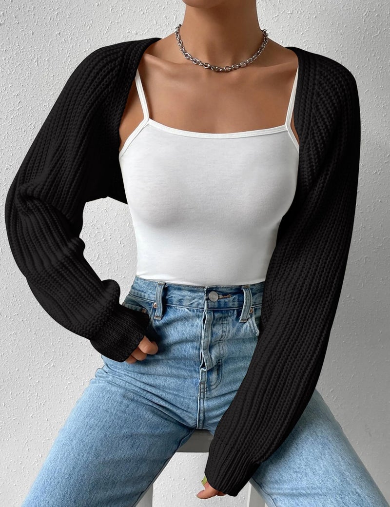 SECRETEYARD Women's Long Sleeve Open Front Knitted Crop Cardigan Drop Shoulder Knit Bolero Shrug Sweater Black - Image 5