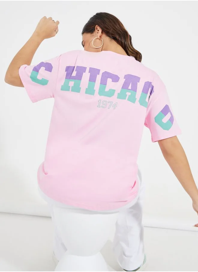 Styli Oversized Chicago Slogan T-Shirt with Dropped Shoulder