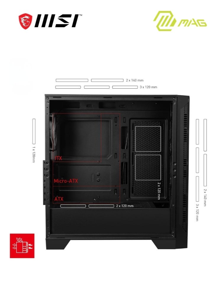 MSI MAG Forge 320R Airflow BLACK | ATX Mid Tower Computer Case, 4x Pre-Installed Case Fans, Up to 360mm Radiator Support, 3.5" / 2.5" Drive Bays, Tempered Glass Window, Mesh Panel | 306-7G23R27-HH9 black - Image 3
