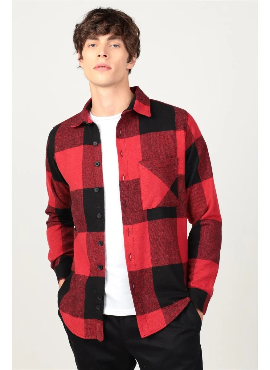 تودورس Slim Fit Winter Lumberjack Checker Pattern Single Pocket Men's Shirt