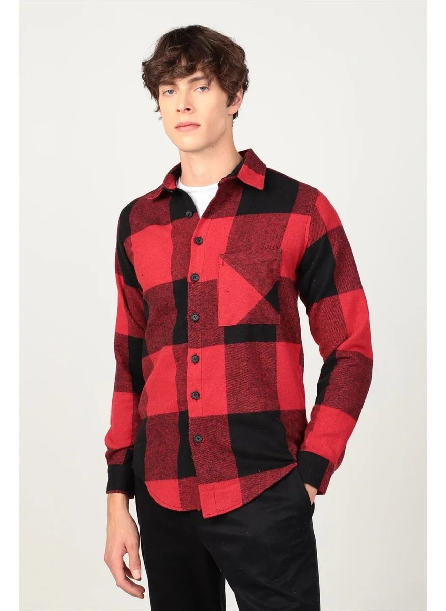 تودورس Slim Fit Winter Lumberjack Checker Pattern Single Pocket Men's Shirt