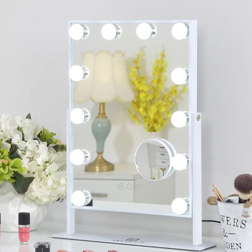 FENCHILIN Lighted Makeup Mirror Hollywood Mirror Vanity Makeup Mirror with Light Smart Touch Control 3Colors Dimmable Light Detachable 10X Magnification 360°Rotation(White) - Image 1