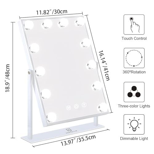 FENCHILIN Lighted Makeup Mirror Hollywood Mirror Vanity Makeup Mirror with Light Smart Touch Control 3Colors Dimmable Light Detachable 10X Magnification 360°Rotation(White) - Image 4