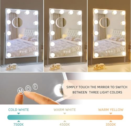 FENCHILIN Lighted Makeup Mirror Hollywood Mirror Vanity Makeup Mirror with Light Smart Touch Control 3Colors Dimmable Light Detachable 10X Magnification 360°Rotation(White) - Image 2