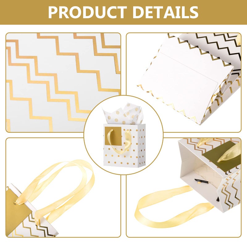 Tenare 12 Pcs Small Gift Bags Mini Metallic Paper Bag Bulk Tiny with Handle Tissue Paper for Gift Wrap Easter Mother's Father's Day Birthday Spring Party(4 x 2.75 x 4.5 Inch,White Gold) - Image 3