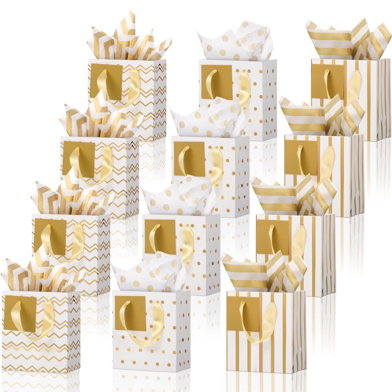 Tenare 12 Pcs Small Gift Bags Mini Metallic Paper Bag Bulk Tiny with Handle Tissue Paper for Gift Wrap Easter Mother's Father's Day Birthday Spring Party(4 x 2.75 x 4.5 Inch,White Gold) - Image 1