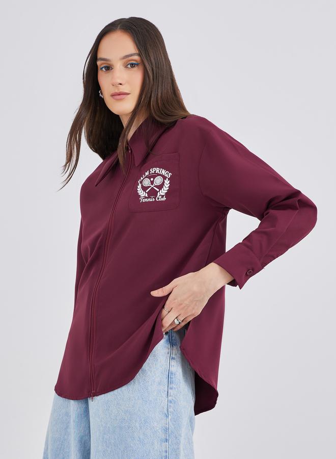 Styli Burgundy Printed Chest Pocket Zipped Oversized Shirt - Image 3