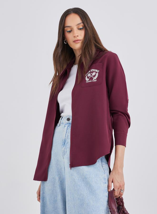 Styli Burgundy Printed Chest Pocket Zipped Oversized Shirt - Image 1