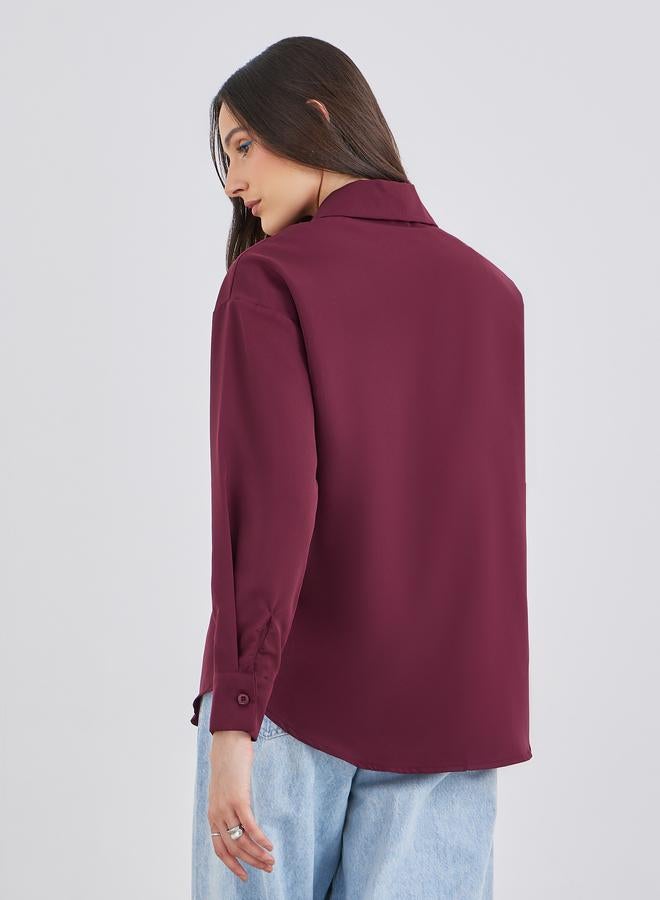 Styli Burgundy Printed Chest Pocket Zipped Oversized Shirt - Image 5