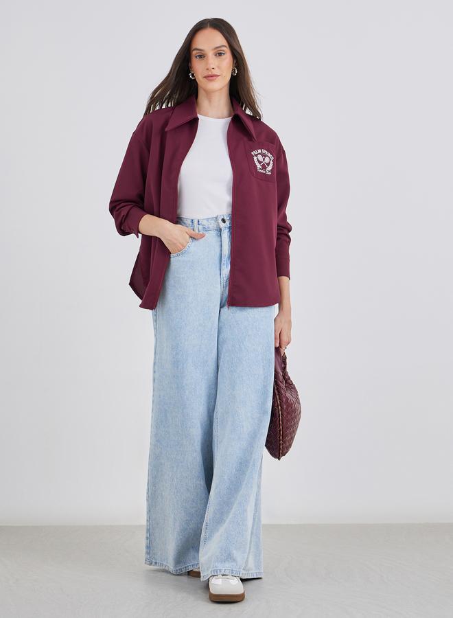 Styli Burgundy Printed Chest Pocket Zipped Oversized Shirt - Image 2