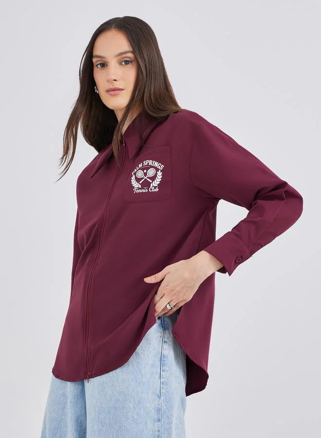Styli Burgundy Printed Chest Pocket Zipped Oversized Shirt