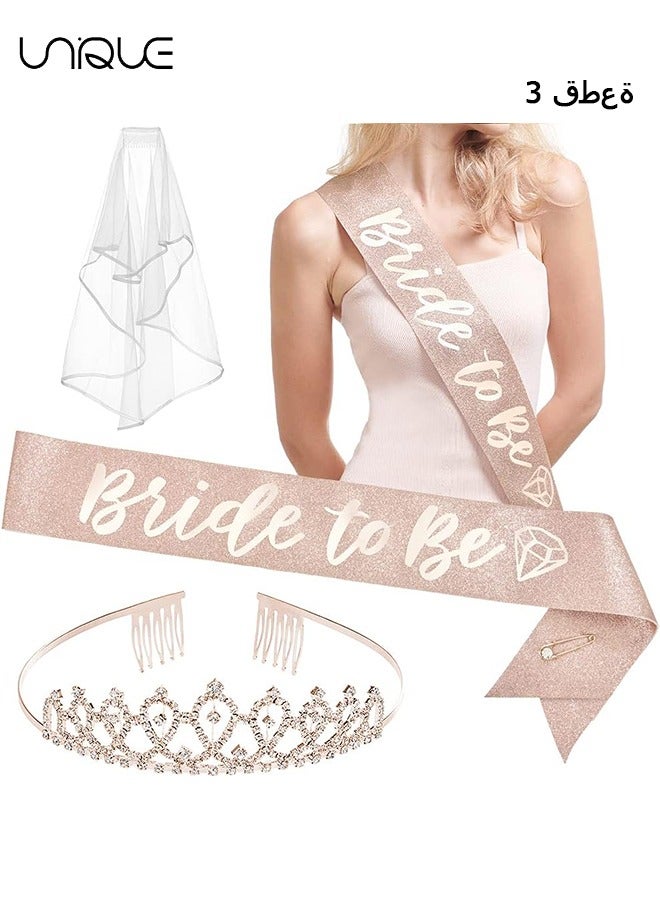 Unique 3Pcs Bride to Be' Bachelorette Party Decorations Kit | Rose Gold Glitter Sash,Veil, Rhinestone Tiara | Bridal Shower Supplies| Wedding Engagement Party Favors Gift - Image 1