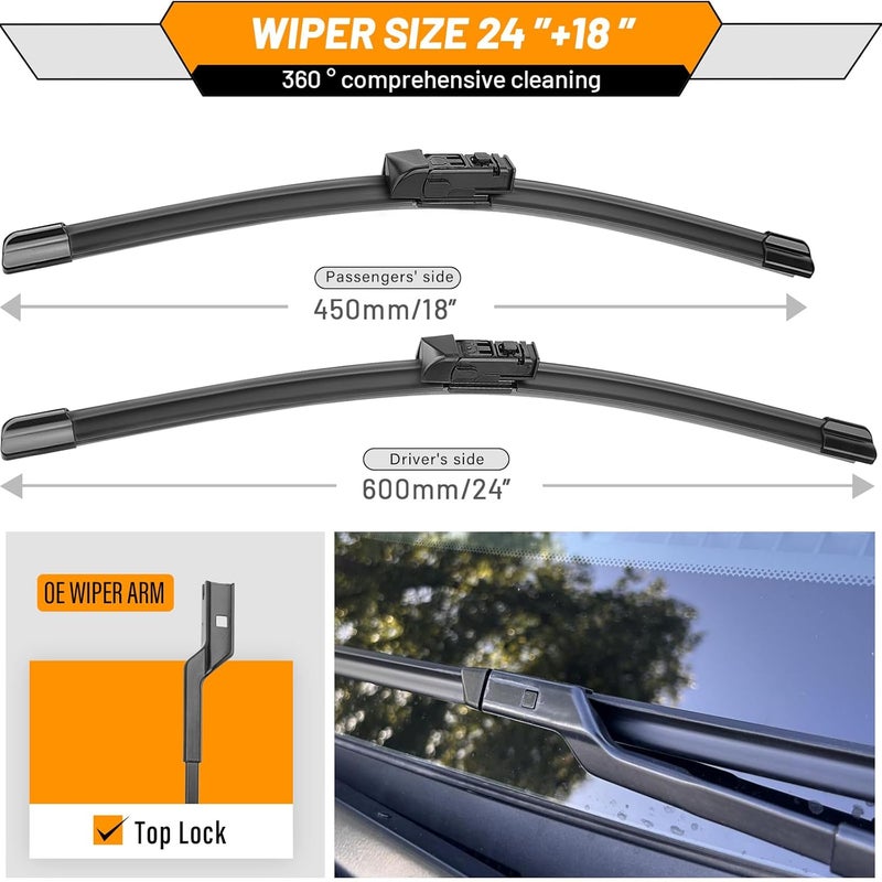 AUTOBOO 24"+18" Windshield Wiper Blades Replacement for Mazda 6 CX-5 CX-9 CX5 CX9 2016 2017 2018 2019 2020 2021 -Original Factory Quality (Pack of 2) - Image 3