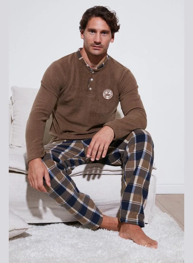 Buratti Plaid Regular Fit Buttoned Crew Neck Winter Fleece Pajama Set Men's PAJAMAS SET 60961008