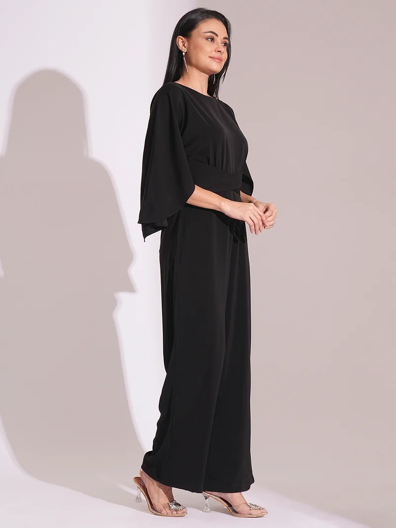 globus Women Boat Neck Cape Sleeves Tie-Up Detail Satin Basic Jumpsuit