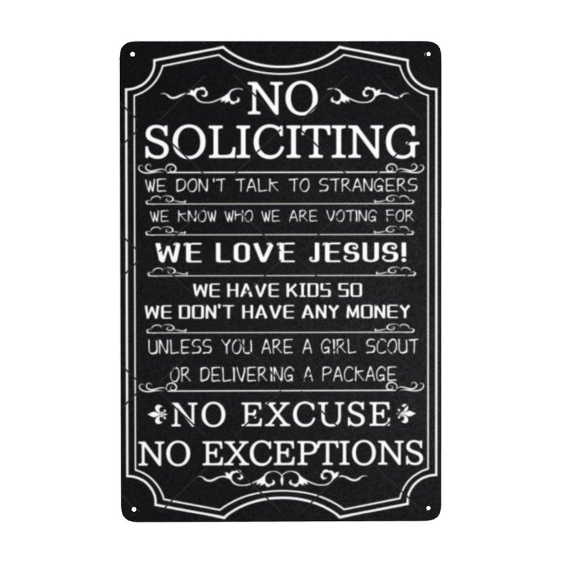 DZQUY No Soliciting Warning Sin No Excuses No Exceptions Metal Sign Vintage Art Tin Sign House Office Wall Decor Sign For Home Decor Go Away Sign 8x12 Inch - Image 1