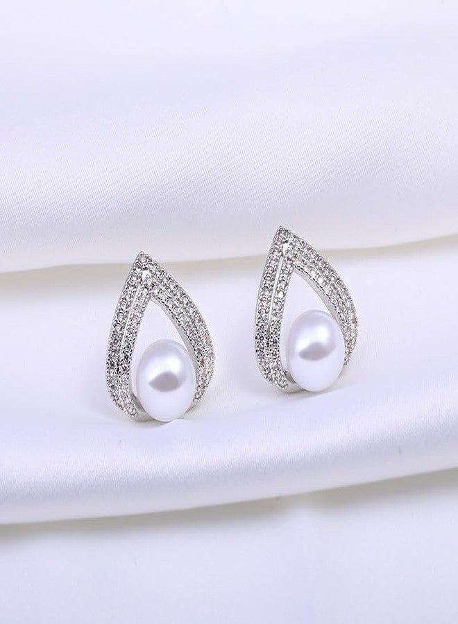 Meenaz AD American Diamond Pearl Studs Earrings set for Women & Girls | Korean Style Gold Earings | Pearl Stud Ear rings Stylish Jewellery for Women | Valentine Gift for Girlfriend, Wife Couple -299 - Image 4