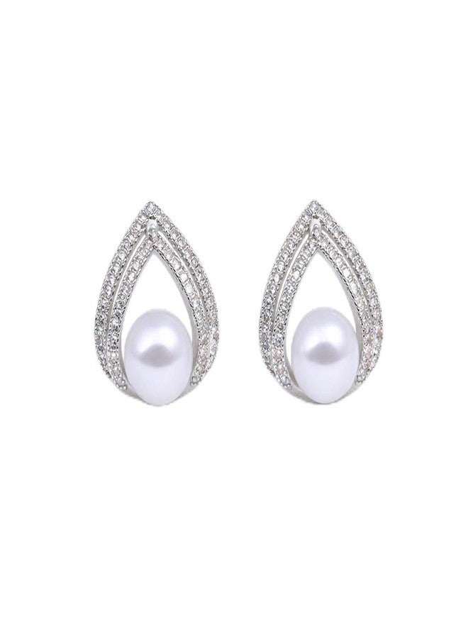 Meenaz AD American Diamond Pearl Studs Earrings set for Women & Girls | Korean Style Gold Earings | Pearl Stud Ear rings Stylish Jewellery for Women | Valentine Gift for Girlfriend, Wife Couple -299 - Image 1