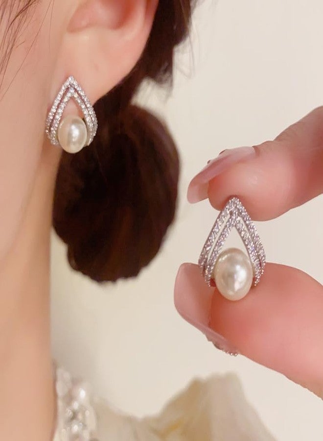 Meenaz AD American Diamond Pearl Studs Earrings set for Women & Girls | Korean Style Gold Earings | Pearl Stud Ear rings Stylish Jewellery for Women | Valentine Gift for Girlfriend, Wife Couple -299 - Image 2
