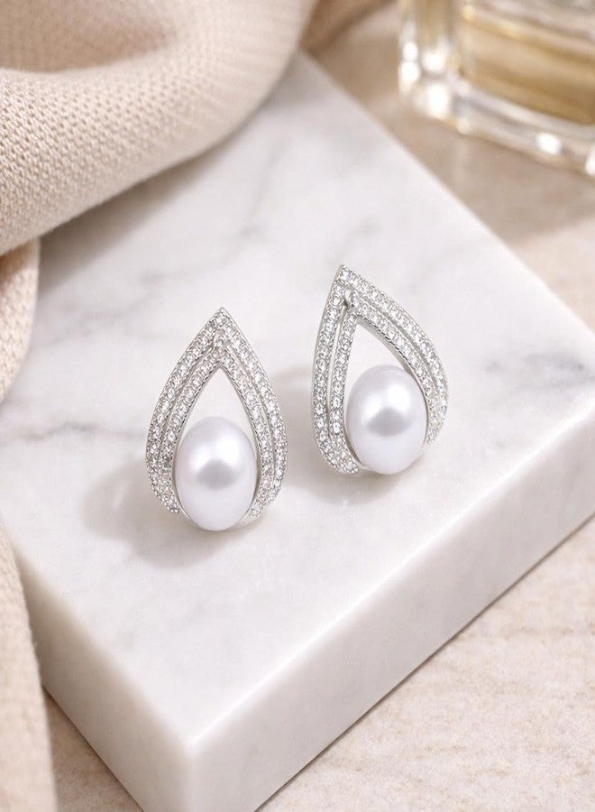 Meenaz AD American Diamond Pearl Studs Earrings set for Women & Girls | Korean Style Gold Earings | Pearl Stud Ear rings Stylish Jewellery for Women | Valentine Gift for Girlfriend, Wife Couple -299 - Image 5